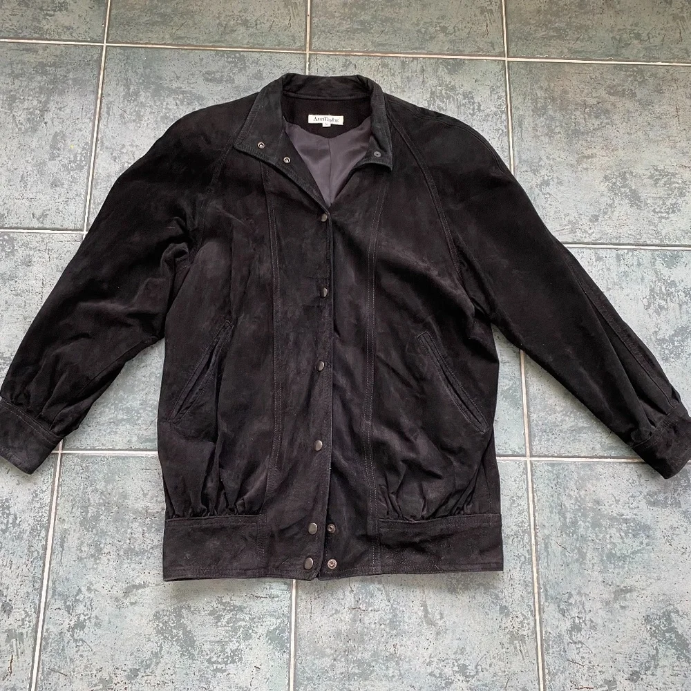 Vintage Black Suede Oversize Bomber Jacket - Picture 1 of 6